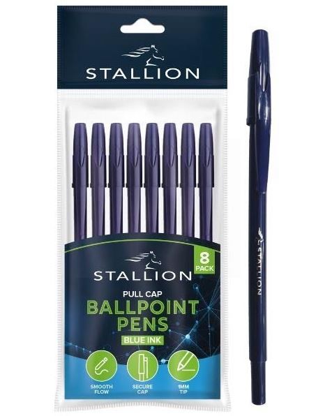 Stallion Pull Cap Ballpoint Pens - Blue Ink - Pack of 8