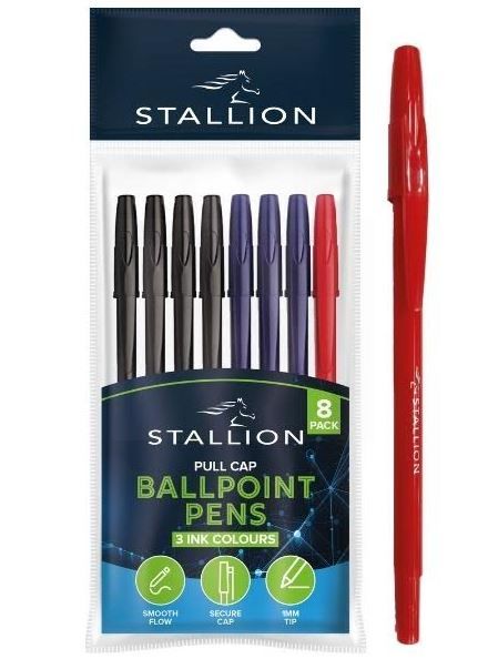 Stallion Pull Cap Ballpoint Pens - Assorted Colours - Pack of 8