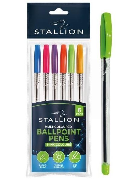 Stallion Multicoloured Ballpoint Pens - Assorted Colours - Pack of 6