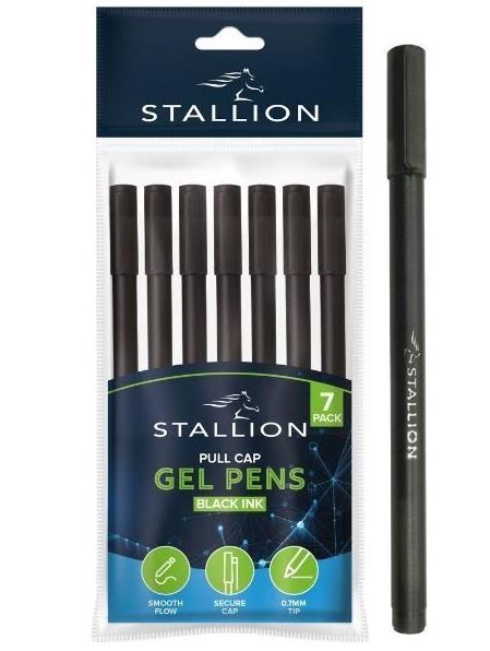 Stallion Pull Cap Gel Pens - Black Ink - Pack of 7
