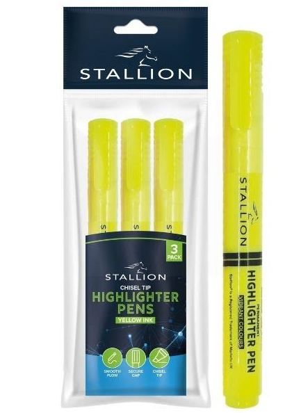 Stallion Chisel Tip Highlighter Pens - Yellow Ink - Pack of 3
