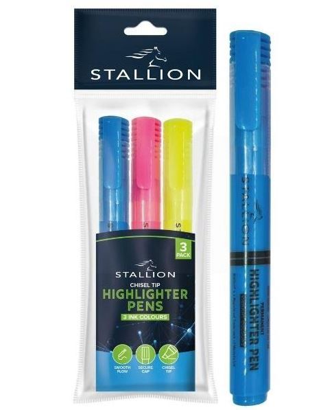 Stallion Chisel Tip Highlighter Pens - Assorted Colours - Pack of 3