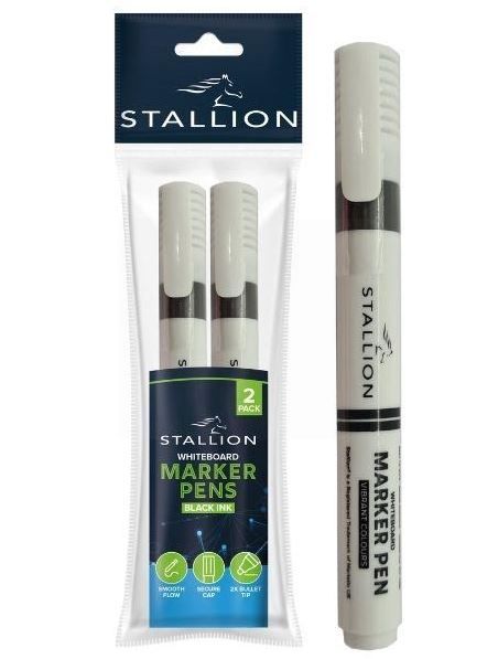 Stallion Whiteboard Marker Pens - Black Ink - Pack of 2