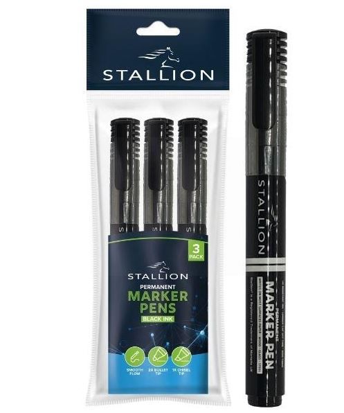 Stallion Permanent Marker Pens - Black Ink - Pack of 3