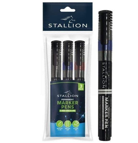 Stallion Permanent Marker Pens - Assorted Colours - Pack of 3