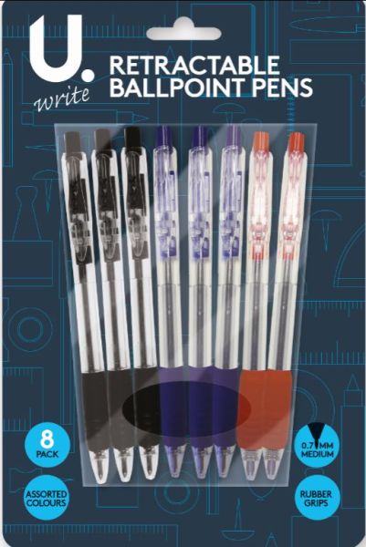 Retractable Ballpoint Pens - Assorted Colours - Pack Of 8