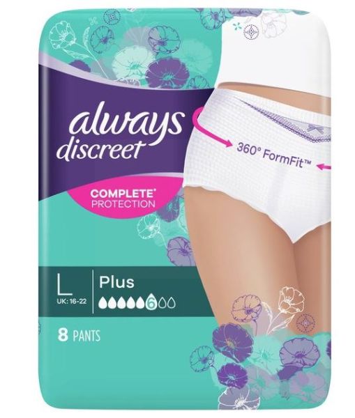 Always Discreet Lightly Scented Comfort Design Pants - Size L/6 - Plus - Dermatologically Tested - Pack of 8