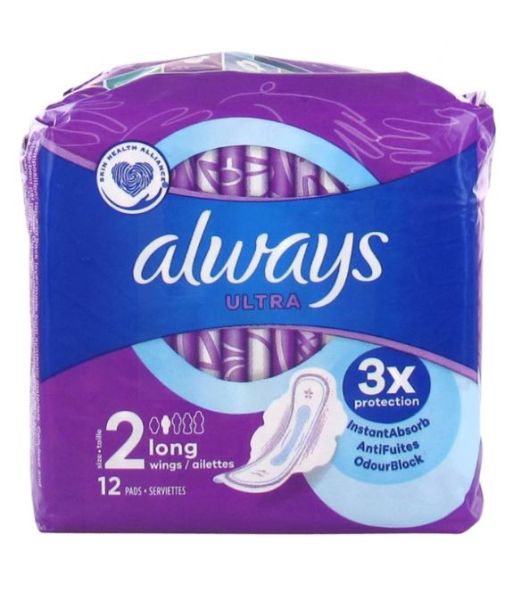 Always Ultra Scented Sanitary Pads with Long Wings - Size 2 - Dermatologically Tested - Pack of 12
