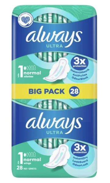 Always Ultra Sanitary Pads with Wings - Normal - Size 1 - Dermatologically Tested - Pack of 28