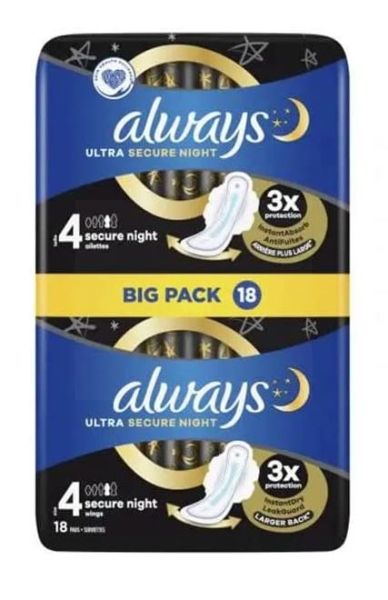 Always Ultra Secure Night Sanitary Pads with Wings - Size 4 - Dermatologically Tested - Pack of 18
