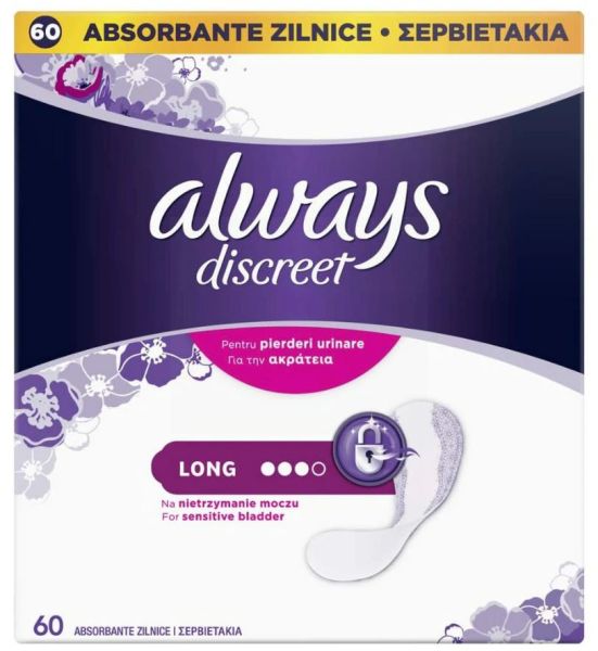 Always Discreet Panty Liners for Sensitive Bladder - Long - Size 3 - Dermatologically Tested - Pack of 60