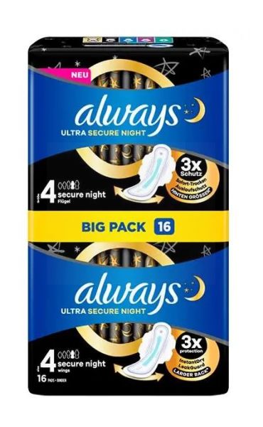 Always Ultra Secure Night Sanitary Pads with Wings - Size 4 - Dermatologically Tested - Pack of 16