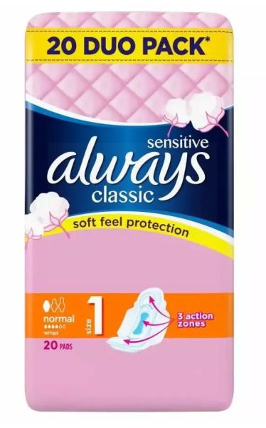 Always Classic Sensitive Sanitary Pads with Wings - Normal - Size 1 - Duo Pack - Dermatologically Tested - Pack of 20