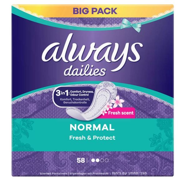 Always Dailies 3-in-1 Pantyliners - Fresh & Protect - Normal - Dermatologically Tested - Pack of 56