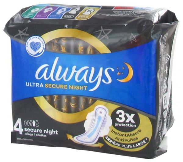 Always Ultra Secure Night Sanitary Pads with Wings - Size 4 - Dermatologically Tested - Pack of 8 - Exp: 02/23