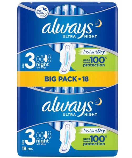 Always Ultra Night Sanitary Pads with Wings - Size 3 - Dermatologically Tested - Pack of 18