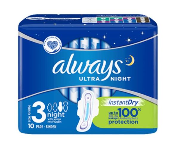 Always Ultra Night with Wings - Size 3 - Dermatologically Tested - Pack of 10