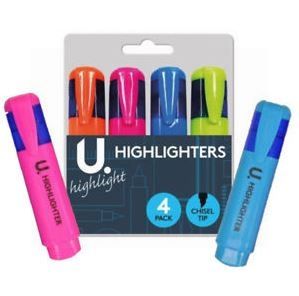 U Highlighters - Chisel Tip - Assorted Colours - Pack of 4