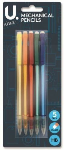 U Draw HB Mechanical Pencils with Eraser - Pack of 5 - Assorted Colours