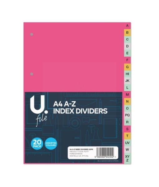 U File A4 A-Z Index Dividers - Pack of 20 - Assorted Colours
