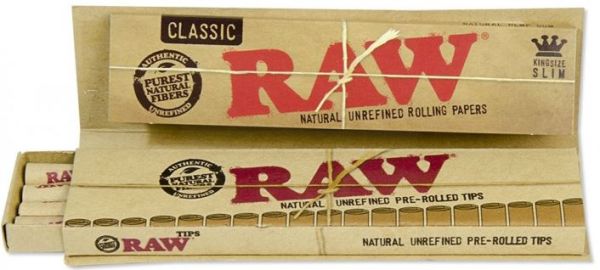 Raw Classic Natural Refined Rolling Papers - Masterpiece - Kingsize Slim And Pre Rolled Tips - Pack Of 24