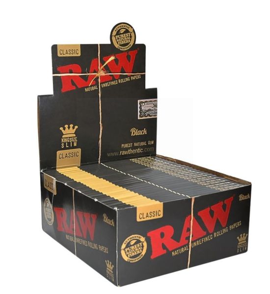 Raw Classic King Size Slim Natural Unrefined Rolling Papers - Black - Box Of 50