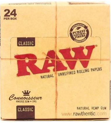 Raw Connoisseur Classic Natural Unrefined Rolling Papers King Size Slim & Tips - Box Of 24