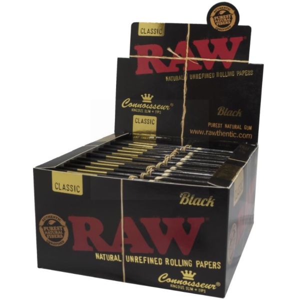 Raw Classic Natural Unrefined Rolling Papers - Connoisseur King Size Slim + Tips - Black - Pack Of 24