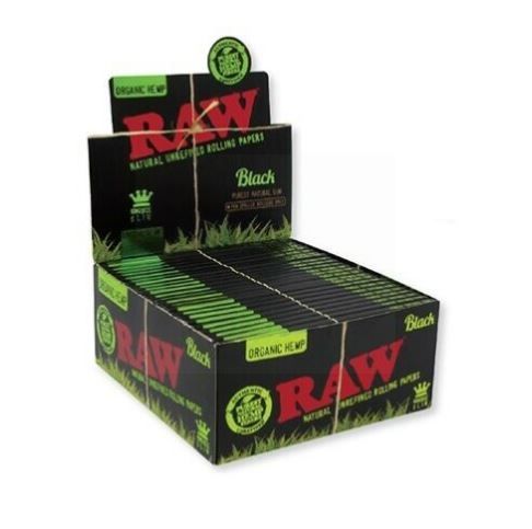 Raw Classic King Size Slim Natural Unrefined Rolling Papers - Organic Hemp - Black - Box Of 50