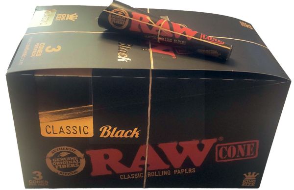 Raw Classic King Size Pre-Rolled Cones - Black - Pack of 32