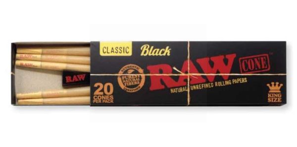 Raw Classic Natural Unrefined Rolling Paper Cones - King Size - Black - Pack of 20