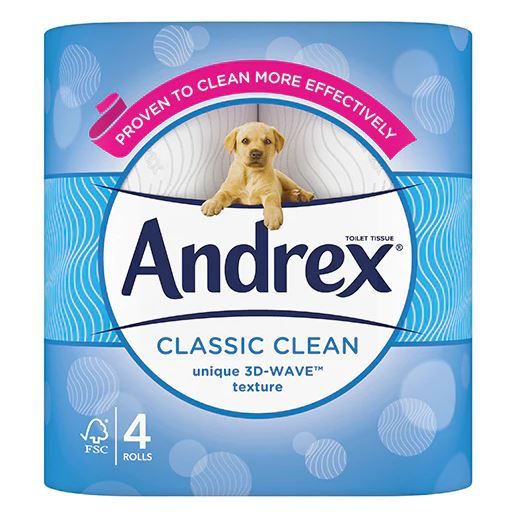 Andrex Classic Clean Toilet Tissue with 3D-Wave Texture - 2 Ply - White - Pack of 4 Rolls