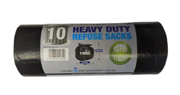 Eco Bag Heavy Duty Super Strong Refuse Sacks with Tie Handles - Black - 147 x 99cm - 100L - Roll of 10