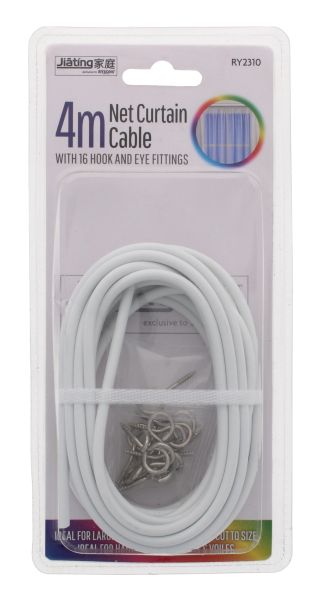 RYSONS CURTAIN WIRE 4M WITH 16 HOOKS & EYE FITTING