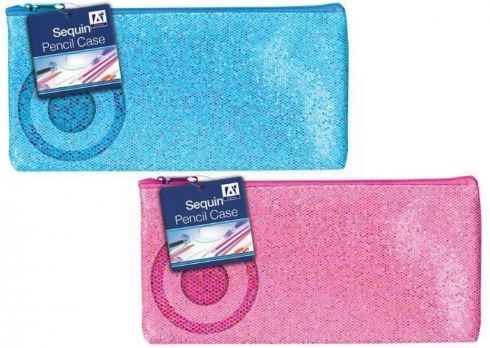 Sequin Pencil Case - 2 Colours - Blue And Fuchsia - Colours May Vary 