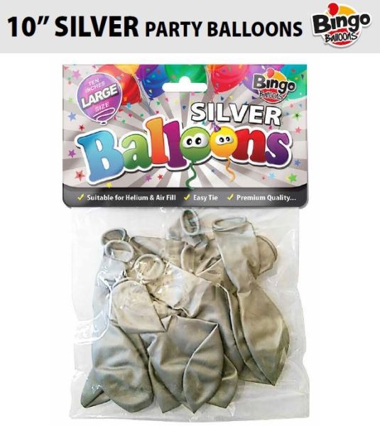 Bingo Traditional Large Latex Balloons - 10" - Pack of 16 - Silver