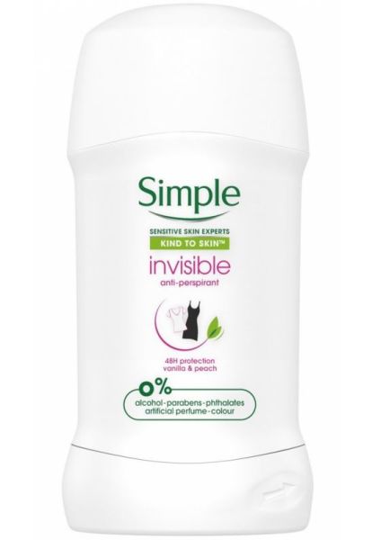 Simple Invisible 48h Anti-Perspirant Deo Stick - Vanilla & Peach - 0% Alcohol - 40ml