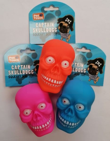 Pet Touch Captain Skull Dog Squeaky Dog Toy - 10cm x 7cm - Assorted Colours