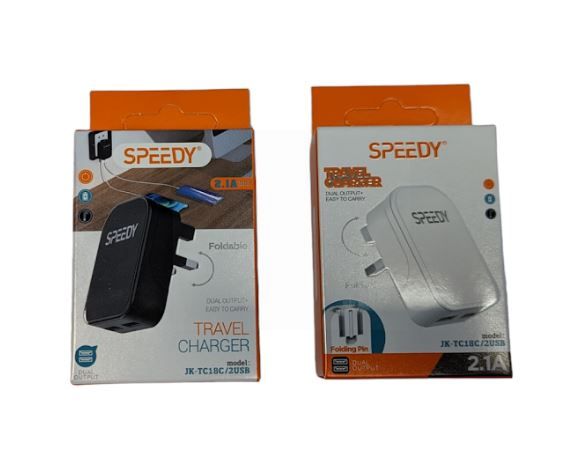 Speedy 2.1A Dual Output Foldable Travel Charger - Black/White