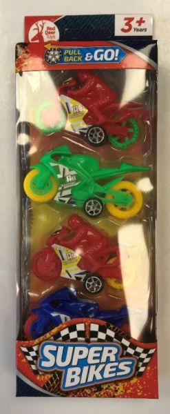 Red Deer Toys Pull Back & Go Super Bikes - Assorted Colours - Pack of 4 - 25.5 x 9 x 3cm