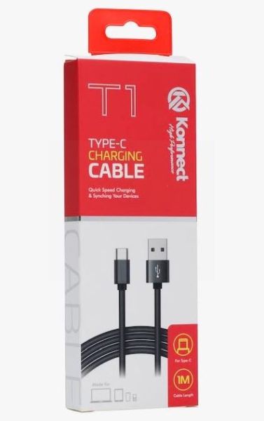Konnect High Performance T1 Quick Speed Type-C Charging Cable for Samsung/Huawei - Black - 1m 