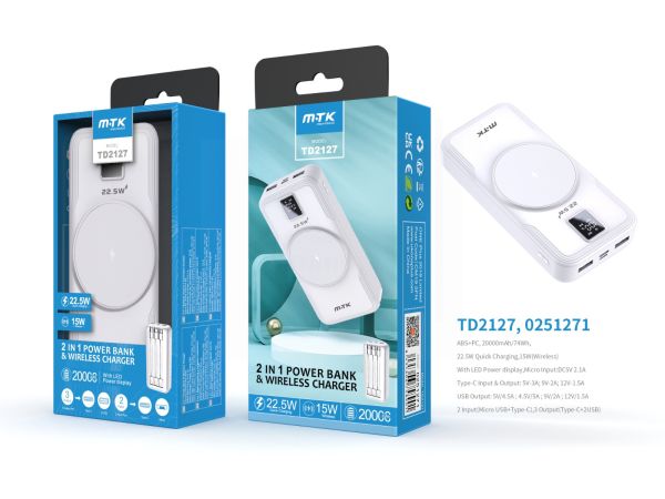 Moveteck 2 in 1 Fast Charging Power Bank & Wireless Charger With Digital Display - 20000mAh - White