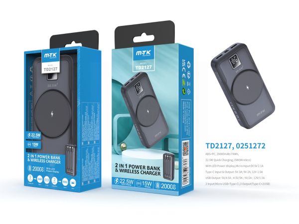 Moveteck 2 in 1 Fast Charging Power Bank & Wireless Charger With Digital Display 20000mAh - Black