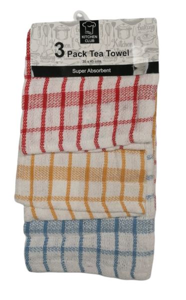 Kitchen Club Super Absorbent Tea Towels - Assorted Colours - 30 x 45cm - Pack of 3 