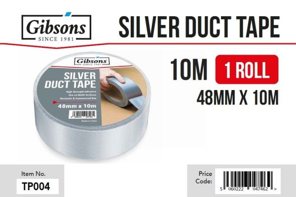 Gibsons High Strength Adhesive Silver Duct Tape for Domestic & Commercial Use - 48mm x 10m