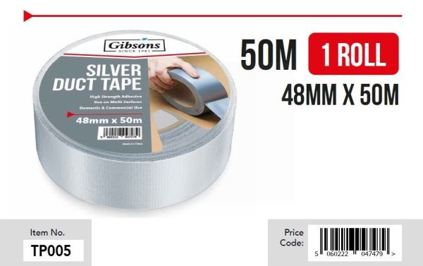 Gibsons High Strength Adhesive Silver Duct Tape for Domestic & Commercial Use - 48mm x 50m