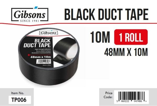 Gibsons High Strength Adhesive Black Duct Tape for Domestic & Commercial Use - 48mm x 10m