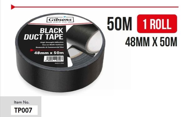 Gibsons High Strength Adhesive Black Duct Tape for Domestic & Commercial Use - 48mm x 50m