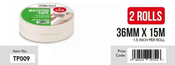 Gibsons High Strength Adhesive Masking Tape for Domestic & Commercial Use - 36mm x 15m - Pack of 2