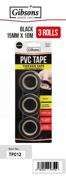 Gibsons Super Strength Self Fusing Adhesive Black PVC Tape - 0.12mm - 15mm x 10m - Pack of 3